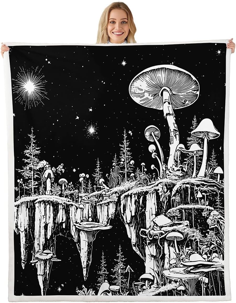 Feelyou Mushroom Plush Blanket for Bed Sofa Couch for Kids Aesthetic Sherpa Blanket Boys Girls Black White Mushroom Plush Blanket for Bed Sofa Couch Galaxy Star Fuzzy Blanket Twin 60"x80"