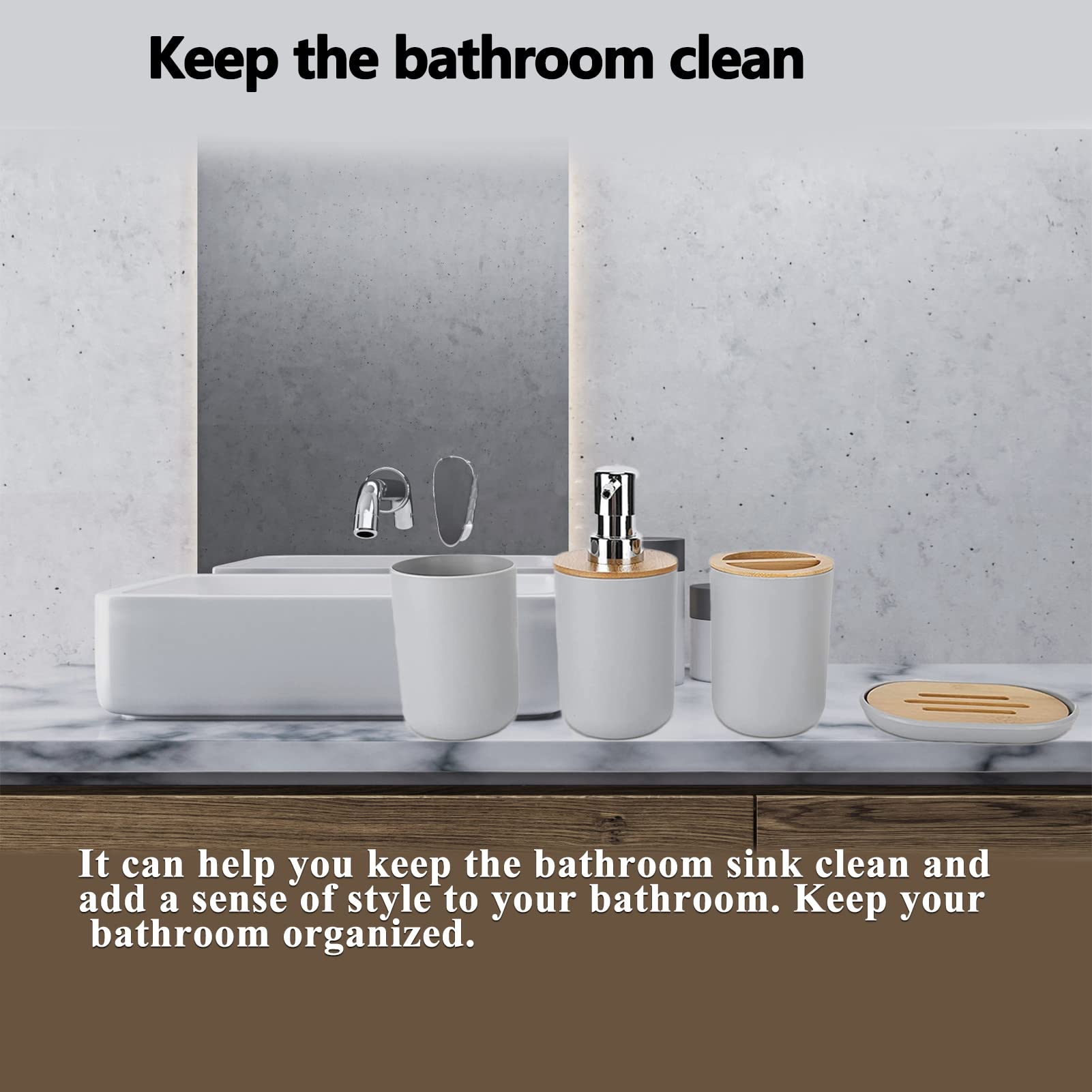 Juego de Accesorios de baño de 4 Piezas Incluye dispensador de jabón, Soporte para Cepillo de Dientes, Taza para Cepillo de Dientes, jabonera Accesorios baño jabón y Vaso (Gris)