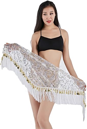 Womens Tassels Fringed Sequins Triangle Belly Dance Hip Scarf Skirt Waist Belt for Outfits Performance