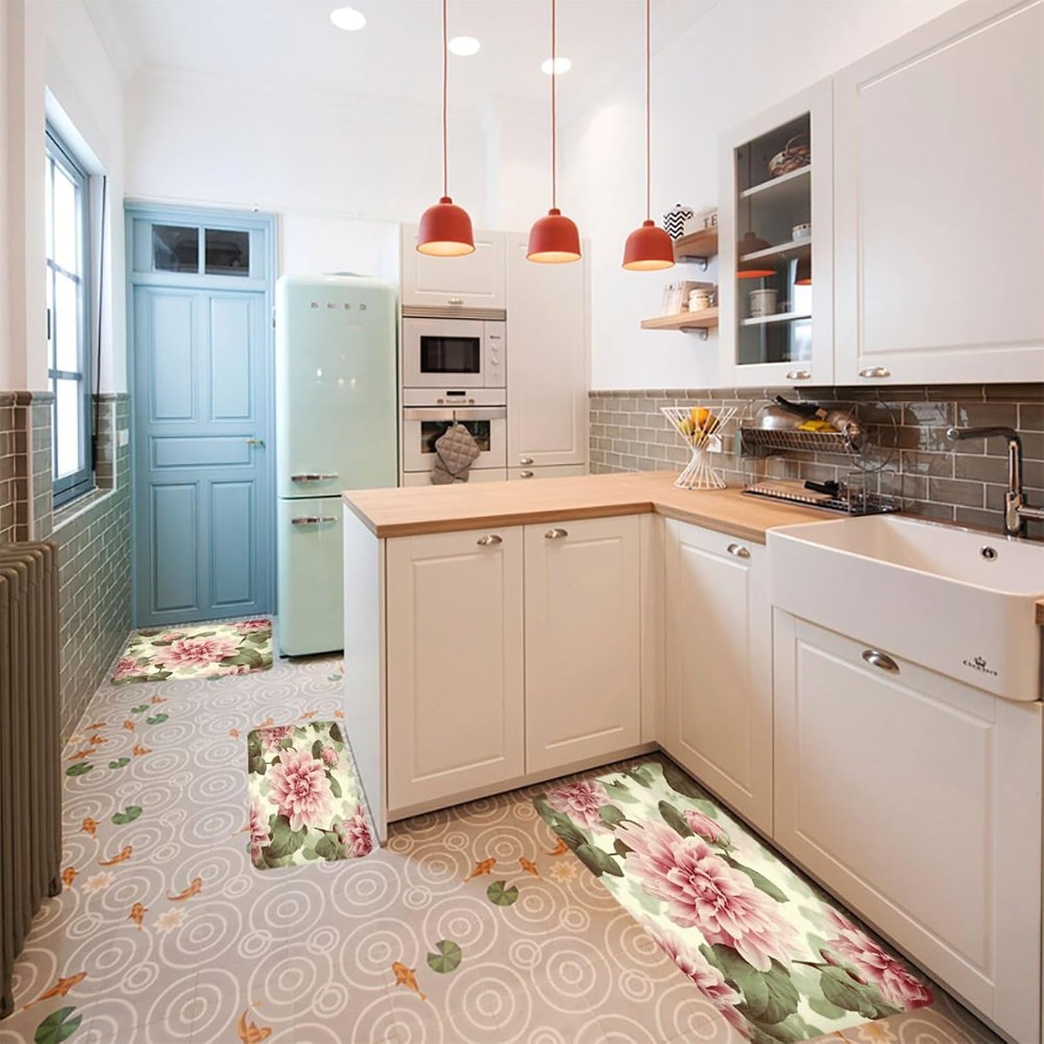 Beautiful Vintage Pink Flower Kitchen Rugs Sets of 3 Washable Non Slip Kitchen Rug Water Resistant Carpet Piece Anti Fatigue Kitchen Mats Soft Comfort Standing Mat Modern Area Rug