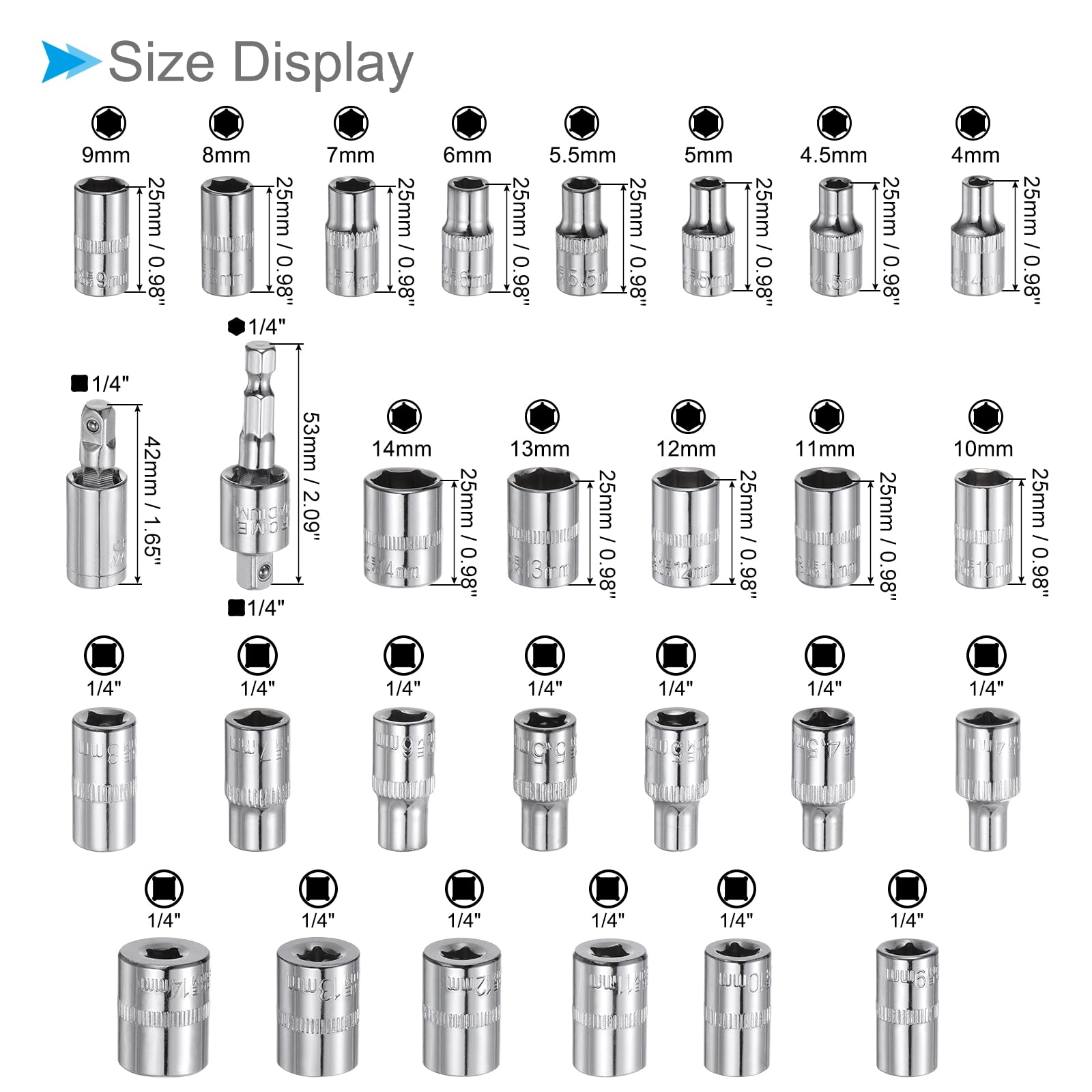 CoCud Socket Accessory Set, 4mm-14mm Shallow Socket 1/4" Drive 1/4" Universal Joints 1/4" Adapter, Socket Accessories - Image 2