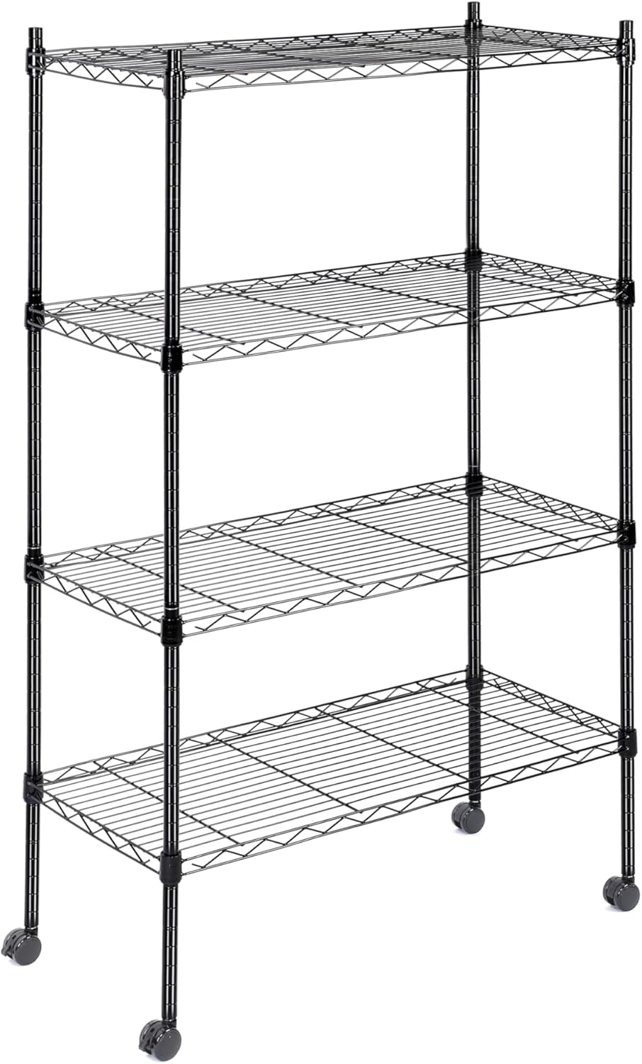 Healsmat Heavy Duty 4-Tier Shelving Units - Adjustable Wire Shelves with 800 lbs Capacity (200 lbs per Shelf), 24" D x 14" W x 47" H, Black, 4 Levels, Storage Shelf with Wheels & Leveling Feet
