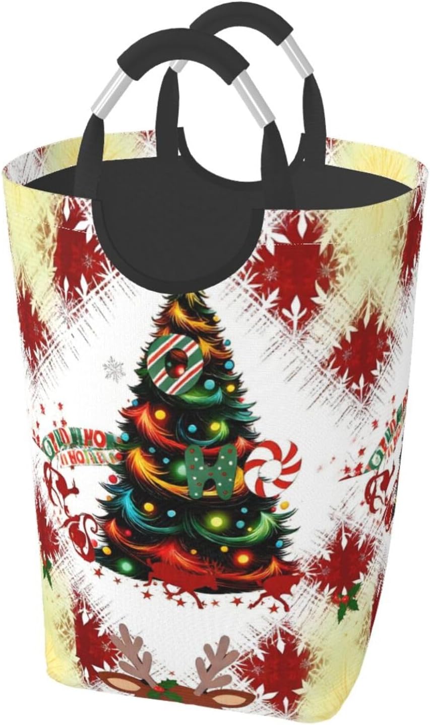 Festive Ho Ho Ho Tree Foldable Dirty Laundry Bag, Waterproof Oxford Fabric With Pe Board Base, 50l Capacity For Home & Travel