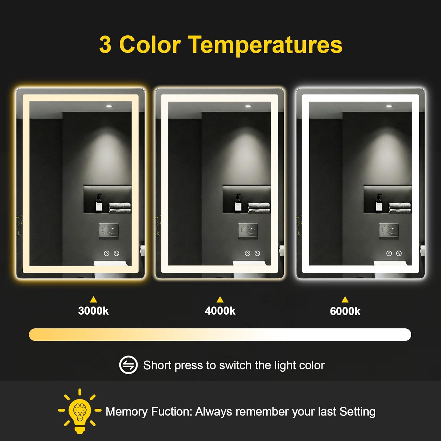 LED Bathroom Mirror with Lights, Anti-Fog, Dimmable, Backlit+Frontlit, 3 Color Light - 36"x24" Lighted Vanity Mirrors for Wall, Shatterproof Tempered Glass, Memory Function