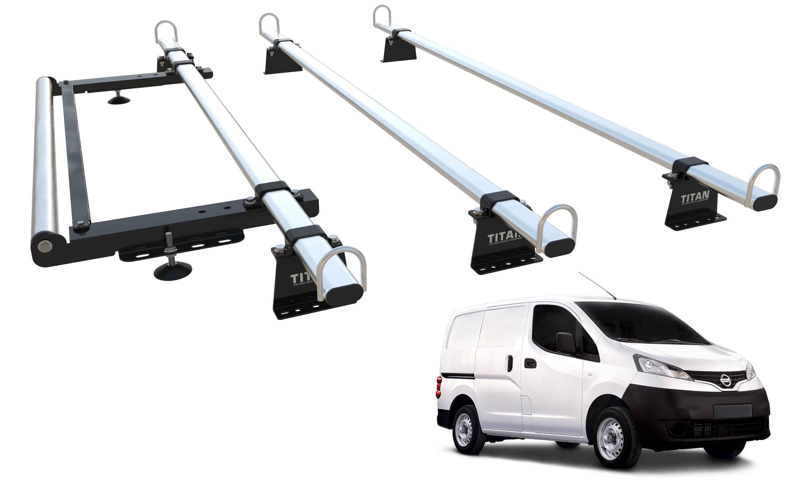TITAN WorkReady Van Roof Rack 3 Bars - Compatible Fittings to fit a NISSAN NV200 Van - With Rear Roller