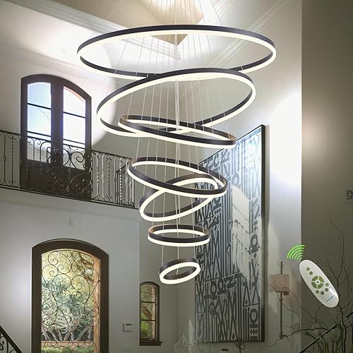 Candelabro de 7 anillos, lámpara LED negra de 39.37 pulgadas, 7 anillos, lámpara moderna de techo alto más grande para vestíbulo, lámpara LED