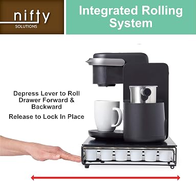 Nifty Rolling Coffee Pod Drawer Tempered Glass, Black, Compatible with K-Cups, 36 Pod Pack Holder, Compact Under Coffee Pot Storage Drawer, Slim Home Kitchen Counter Organizer