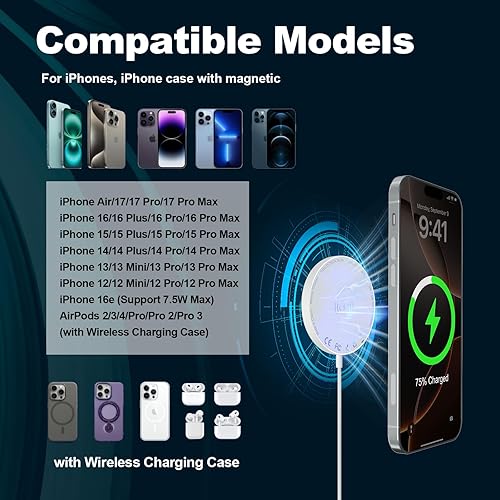 Miniatura 3 de MagSafe Charger iPhone Wireless Charger 15W Apple MagSafe Charger 6FT iPhone Magnetic Charger for iPhone 17 16 15 14 13 12 11 Pro Max PlusAirPods