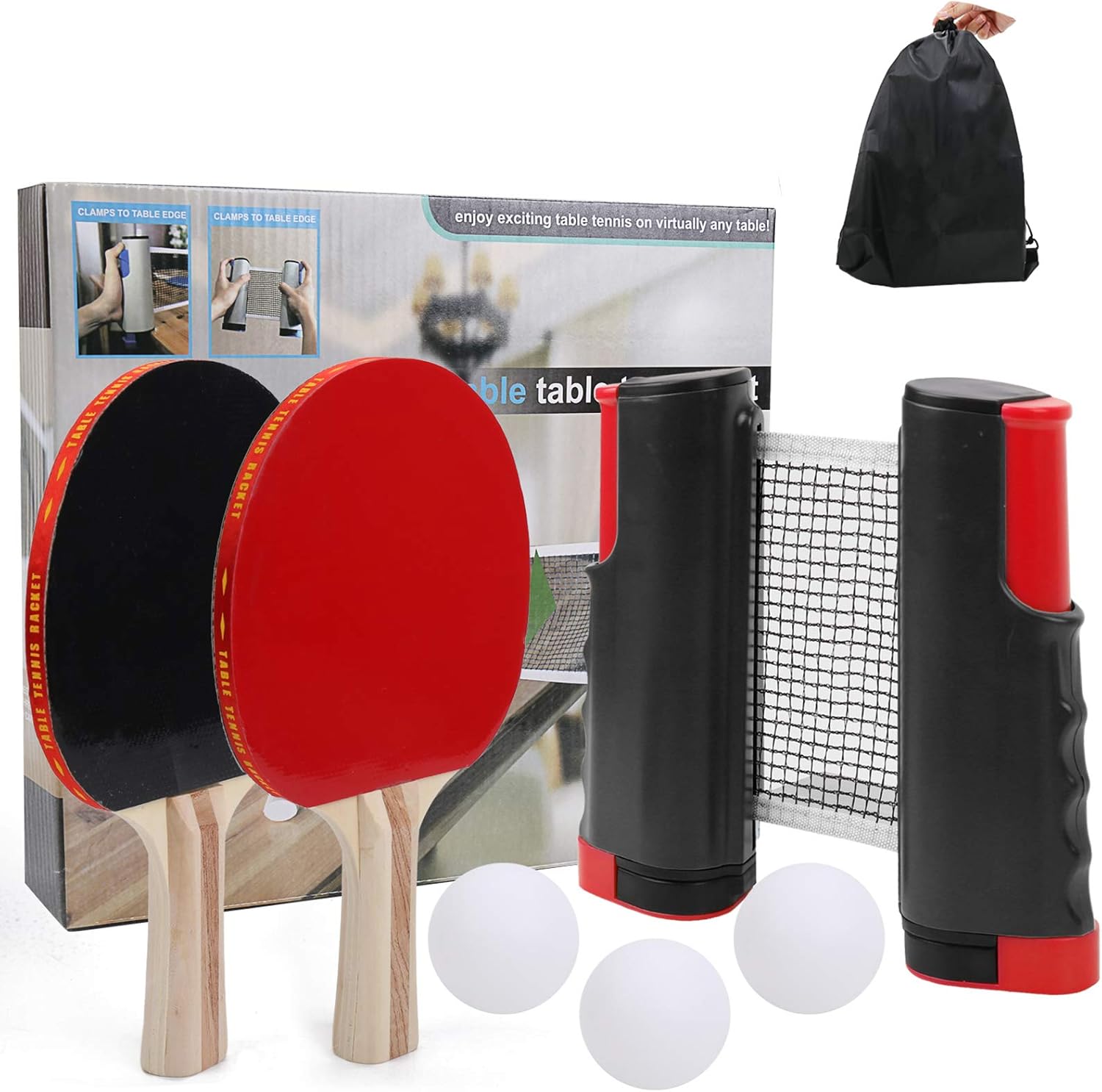 Ping Pong Paddle Set with Retractable Net, 2 Premium Paddles Rackets, 3 Table Tennis Balls, 1 Retractable Net, 1 Storage Bag, Table Tennis Racket Kit, Ping Pong Set for Indoor Outdoor(Blue) : Sports & Outdoors