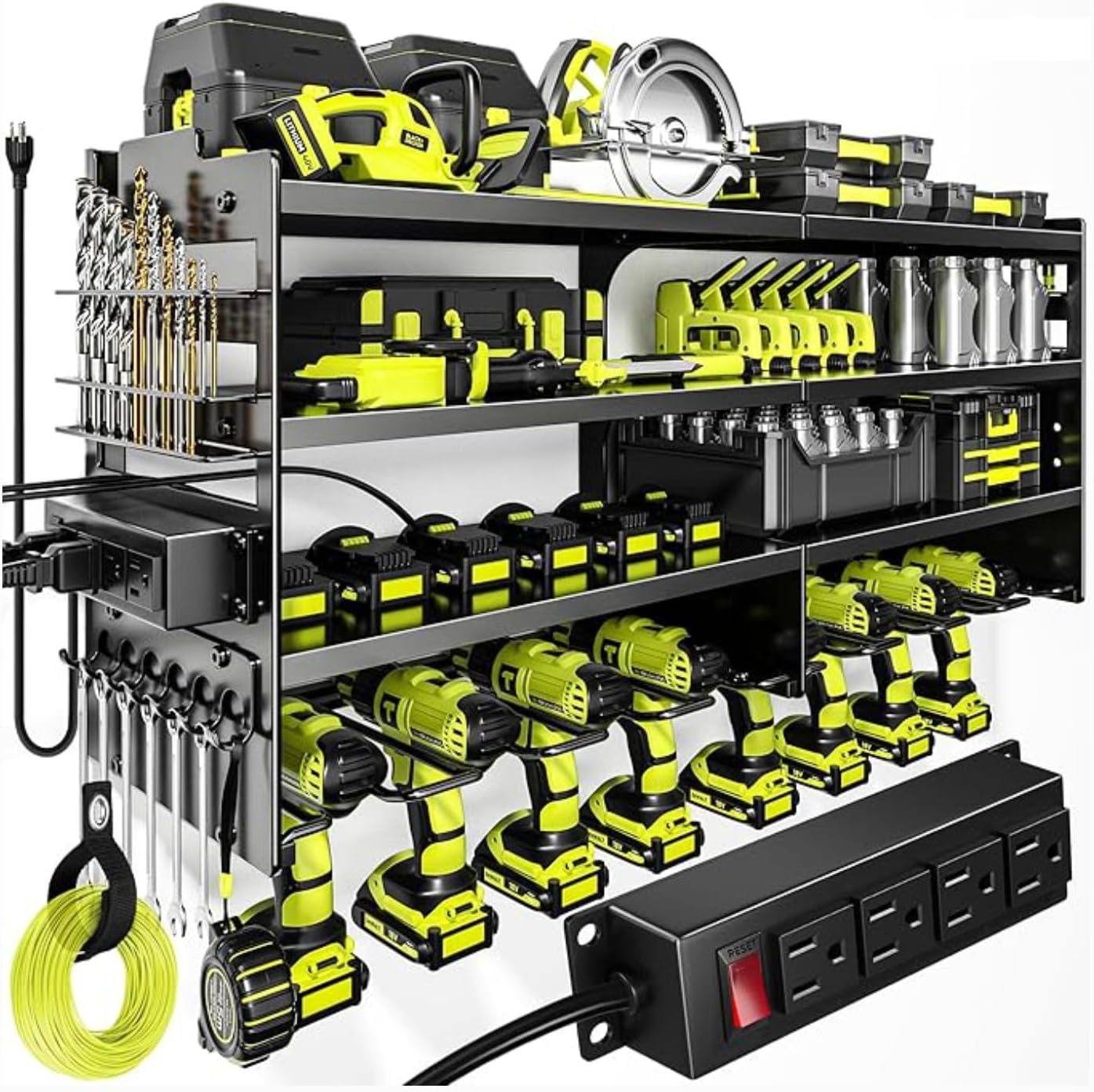 Large Power Tool Organizer Wall Mount, 6-Shelf Heavy Duty Metal Tool Storage Rack with Drill Holder Slots, Side Screwdriver Racks and Hook Bar, Wall Mounted Tool Organizer for Garage Workshop