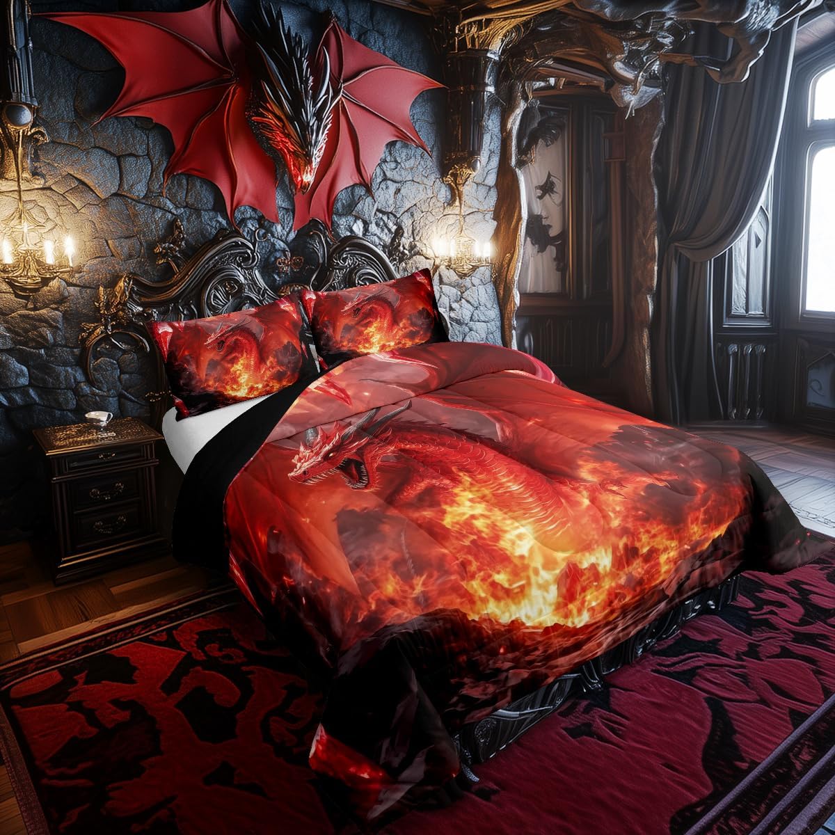 Castle Fairy Dragon Boys Girls Comforter Set,Wild Animals Cool Magical Style Duvet Set for Room Decor,Glowing Flame Dragon Brushed Microfiber Soft Quilt Cover,Full