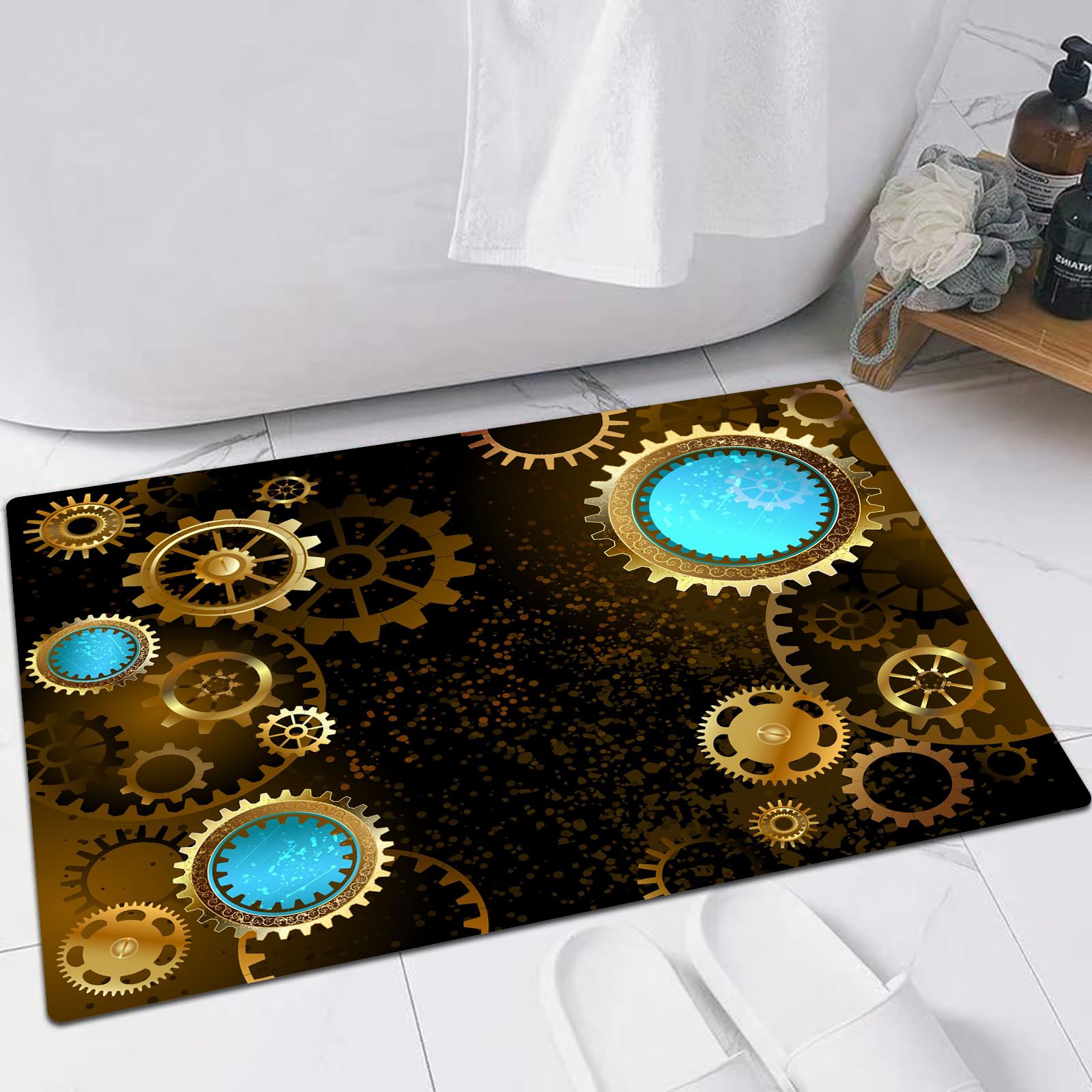 EMFSLA Bath Mat 24x35 in,Black steampunk background with gold and brass gears and blue lenses.,Non-Slip Bathroom Mat Machine-Washable,Ultra Soft and Water Absorbent Bath Rug for Bathroom