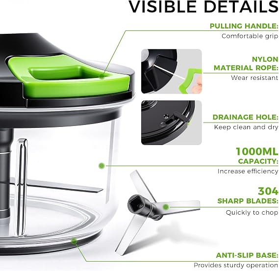 800ML Onion Chopper, Large Hand Pull String Vegetable Food Chopper, Black