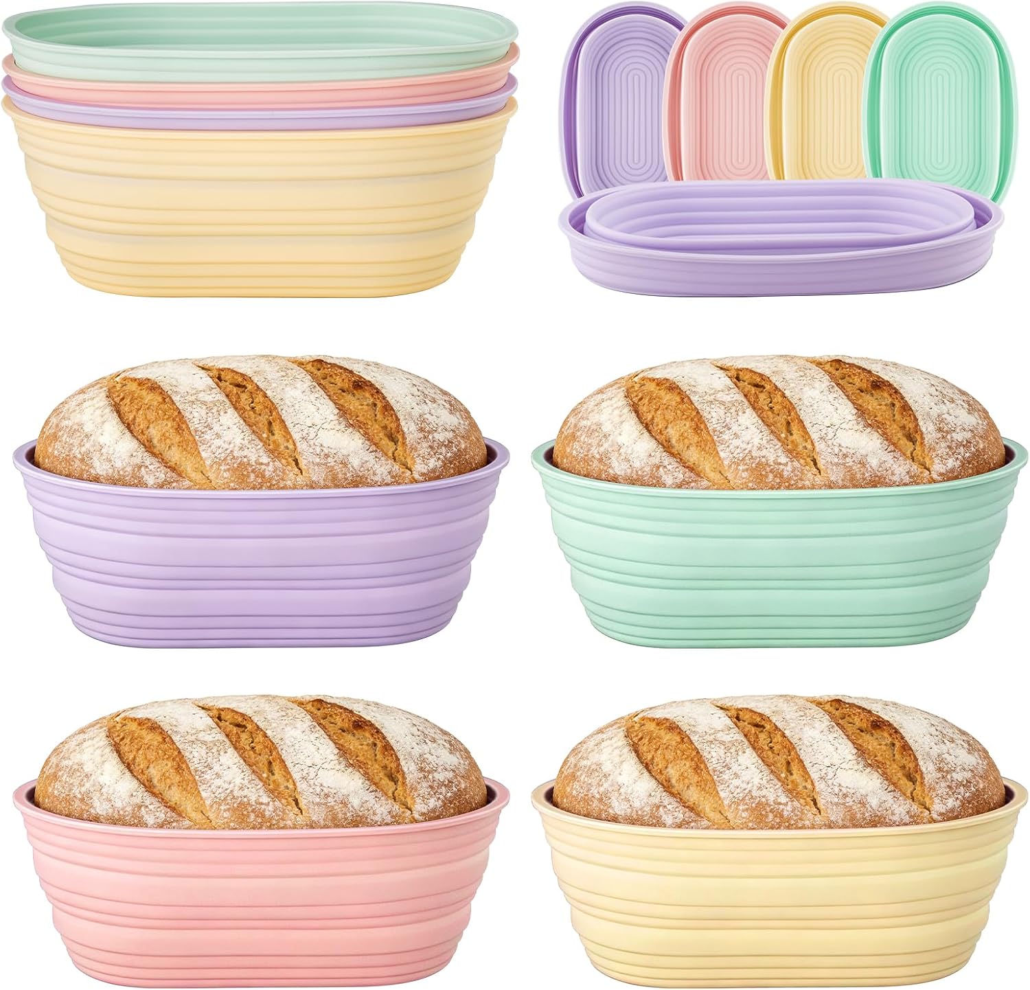 4 PCS 10Inch Silicone Bread Proofing Baskets Oval Banneton Basket Collapsible Sourdough Bread Baking Supplies Non-stick Dough Proofing Bowls Containers Oven Safe for Breads Making