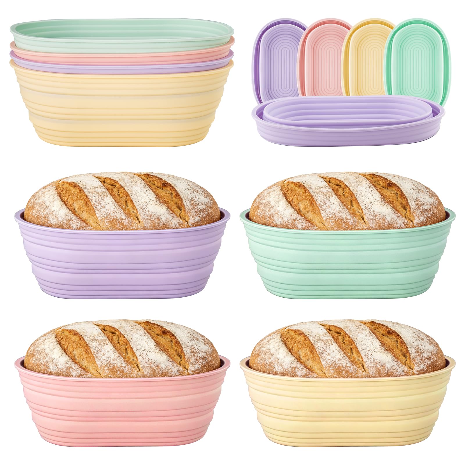 4 PCS 10Inch Silicone Bread Proofing Baskets Oval Banneton Basket Collapsible Sourdough Bread Baking Supplies Non-stick Dough Proofing Bowls Containers Oven Safe for Breads Making