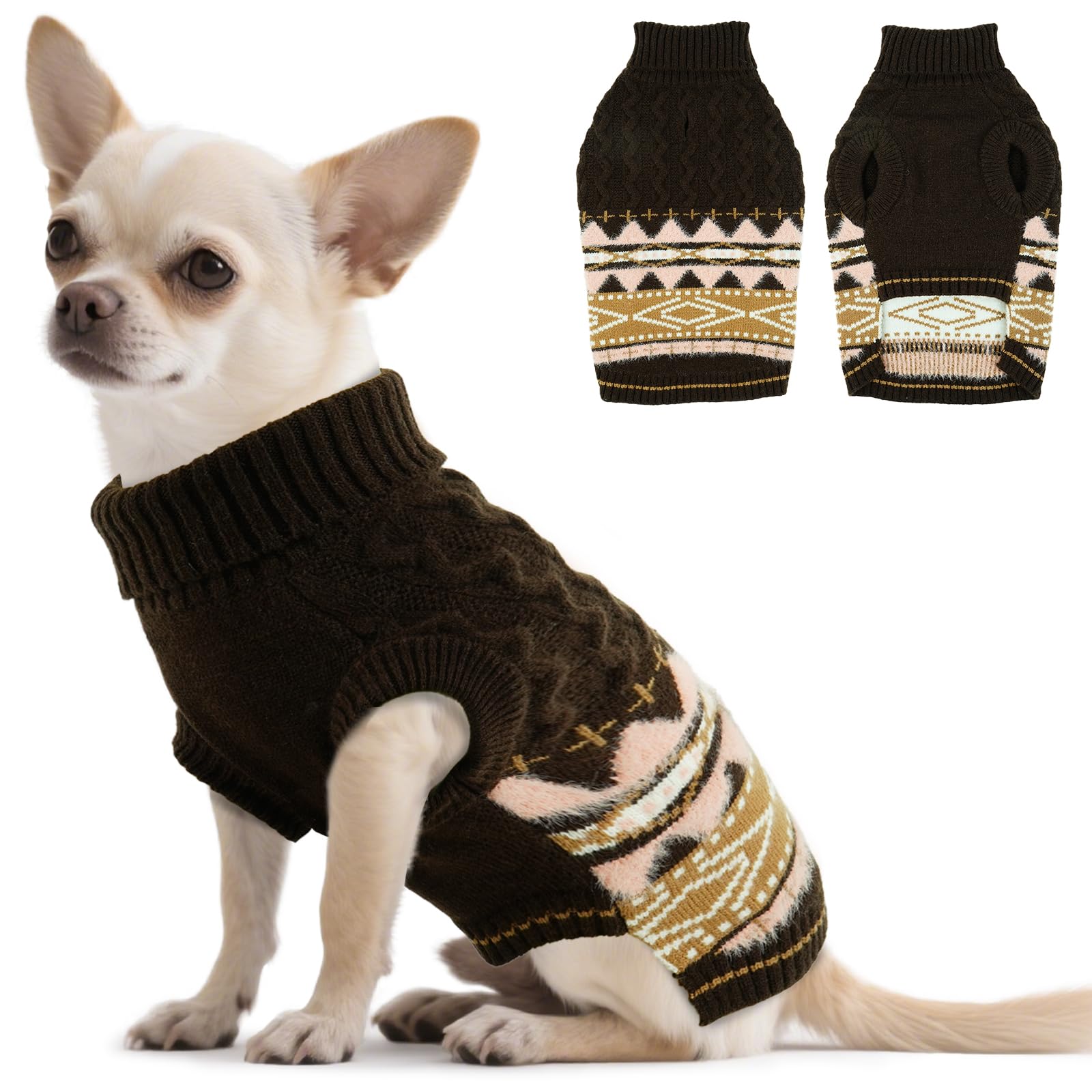 Fair Isle Dog Jumper - Winter Knit Sweater with Harness Hole | Stretchy Easy On/Off Christmas Jumper for Small Dog | Warm Clothes Pomeranian, Yorkshire Terrier, Maltese (Chestnut Brown S)