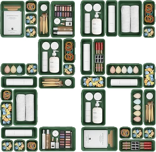 A-LuGei 4 tamaños Juego de bandeja organizadora de cajones de escritorio de plástico verde militar, organizador de maquillaje y contenedor de