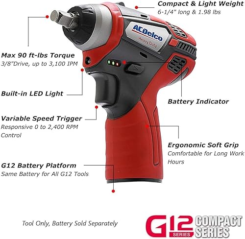 Miniatura 3 de ACDelco ARW12103-K1 G12 Series 12V inalámbrico de iones de litio de 38 pulgadas sin escobillas y llave de impacto Combo de herramientas con 2