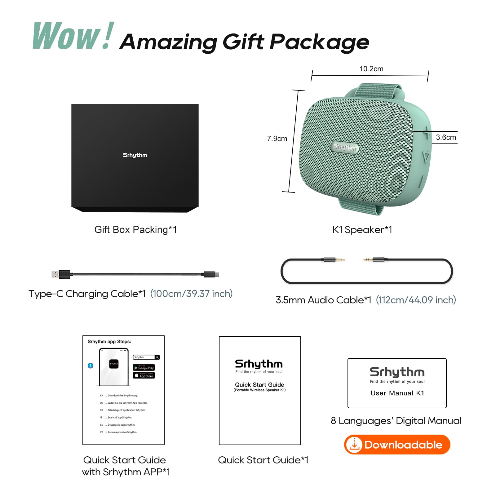 Srhythm Altavoz Inalámbrico Portátil K1 con App, 6 Modos de Ecualización Personalizables,Bluetooth 6.0,Resistencia al Agua IPX7,20Horas de Reproducción Altavoz Compacto Ideal para Deportistas