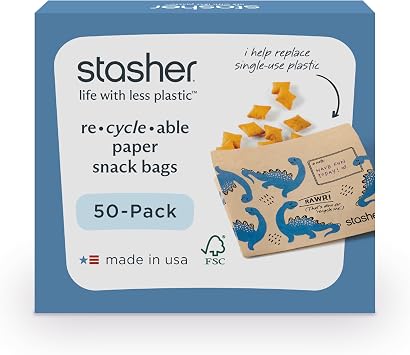 Stasher Recyclable Sealable Paper Snack Bags for Kids Lunch, 50 ct, Dino