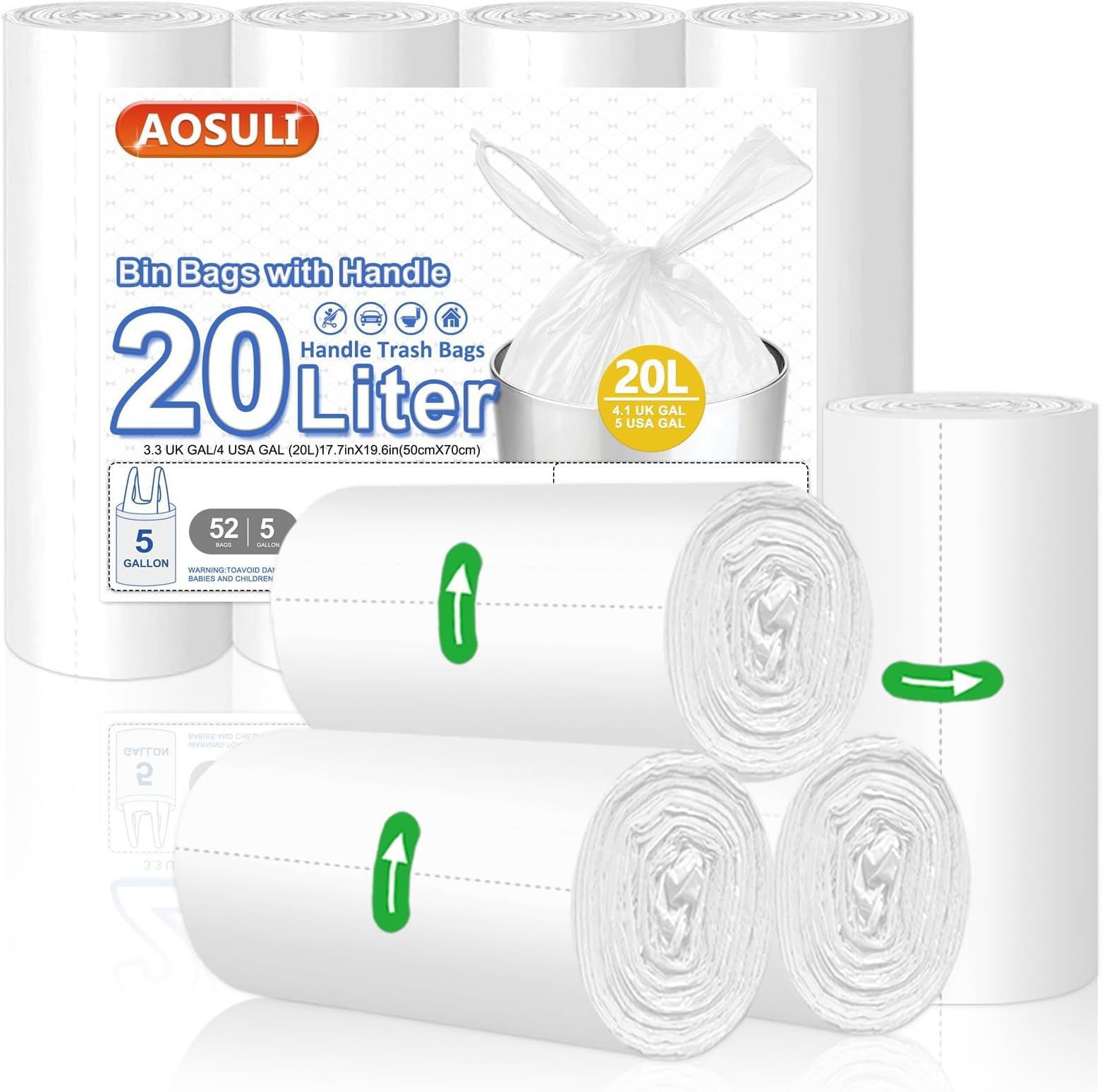 Bin Bags 20Liter with Tie Handles,Heavy Duty Bin Liners White and Transparent Trash/Garbage Bags 52 Count Rubbish Bags