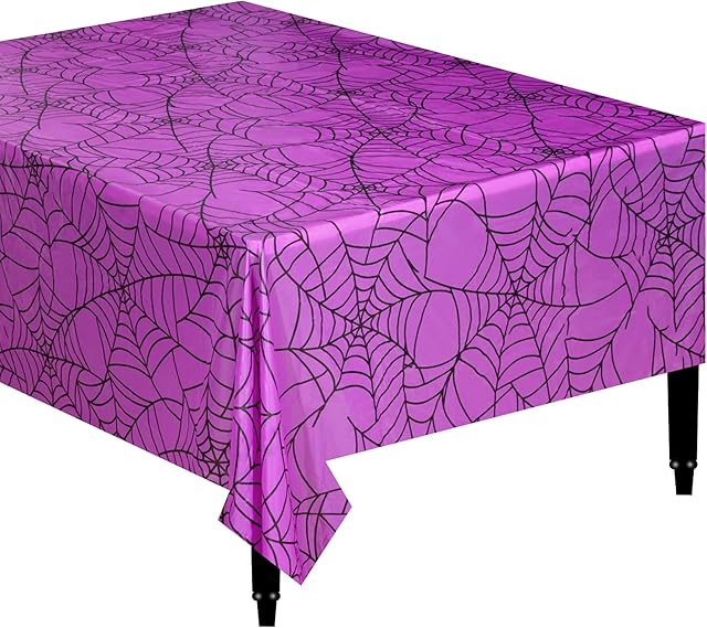 Hamonical 54x107 Inch Halloween Tablecloth, Purple Rectangular Spider Web Table Cover, Spillproof Washable PVC Table Topper, Perfect for Halloween Decoration, Dinner Parties (Purple Cobweb)