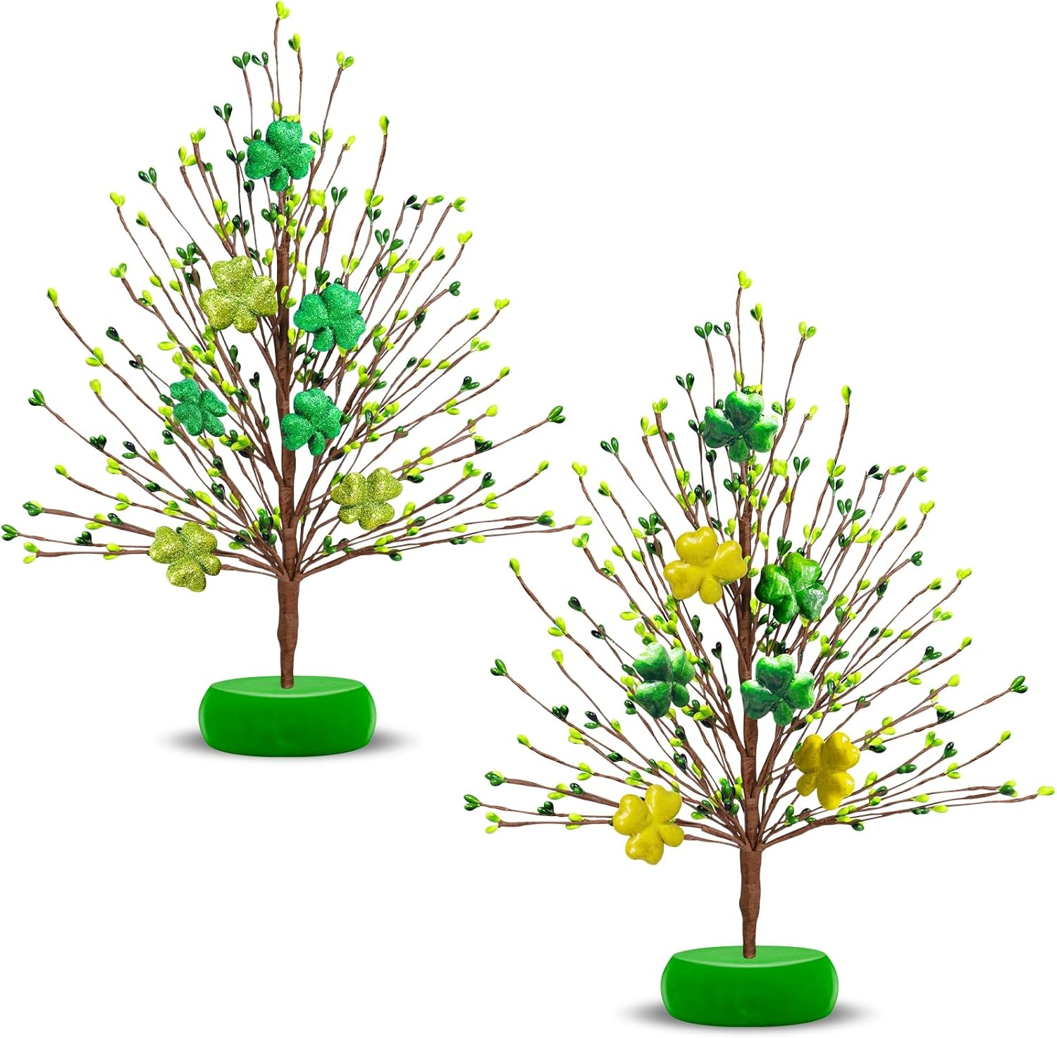 TURNMEON 2 Pack St. Patrick's Day Decorations St. Patricks Day Trees Tabletop Each 7 Shamrocks Ornaments Floral Berries 15'' Artificial Tree Irish Centerpiece for Table Room Home Indoor Party Decor 15 Inch St. Patricks Day Trees