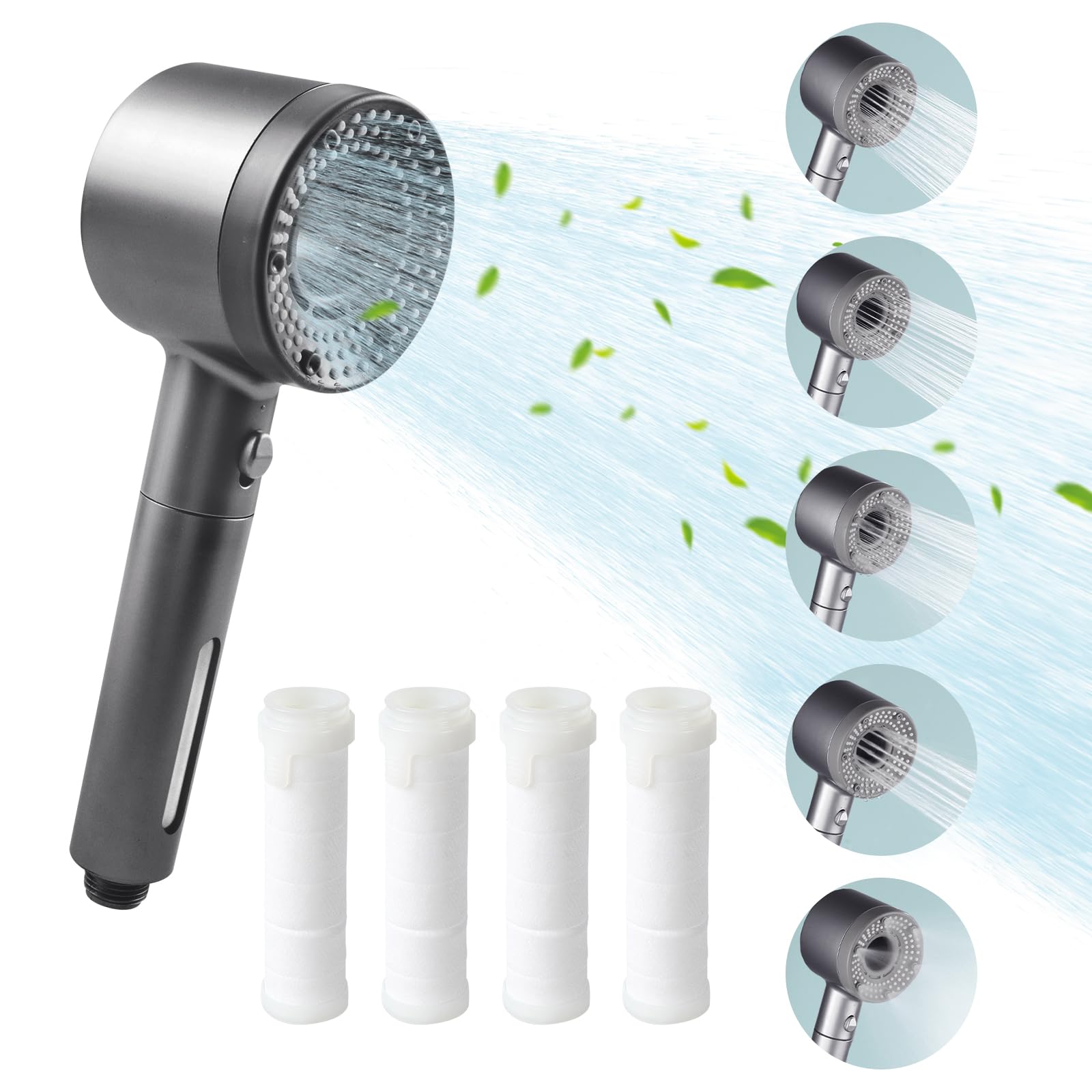 Soffione Doccia 5 Modalità di Spruzzo Soffione Doccia Anticalcare Con 4 Filtri Soffioni Doccia Pulsante di Arresto con un Clic per Residui di Cloro, Batteri e Metalli Pesanti (Nero)