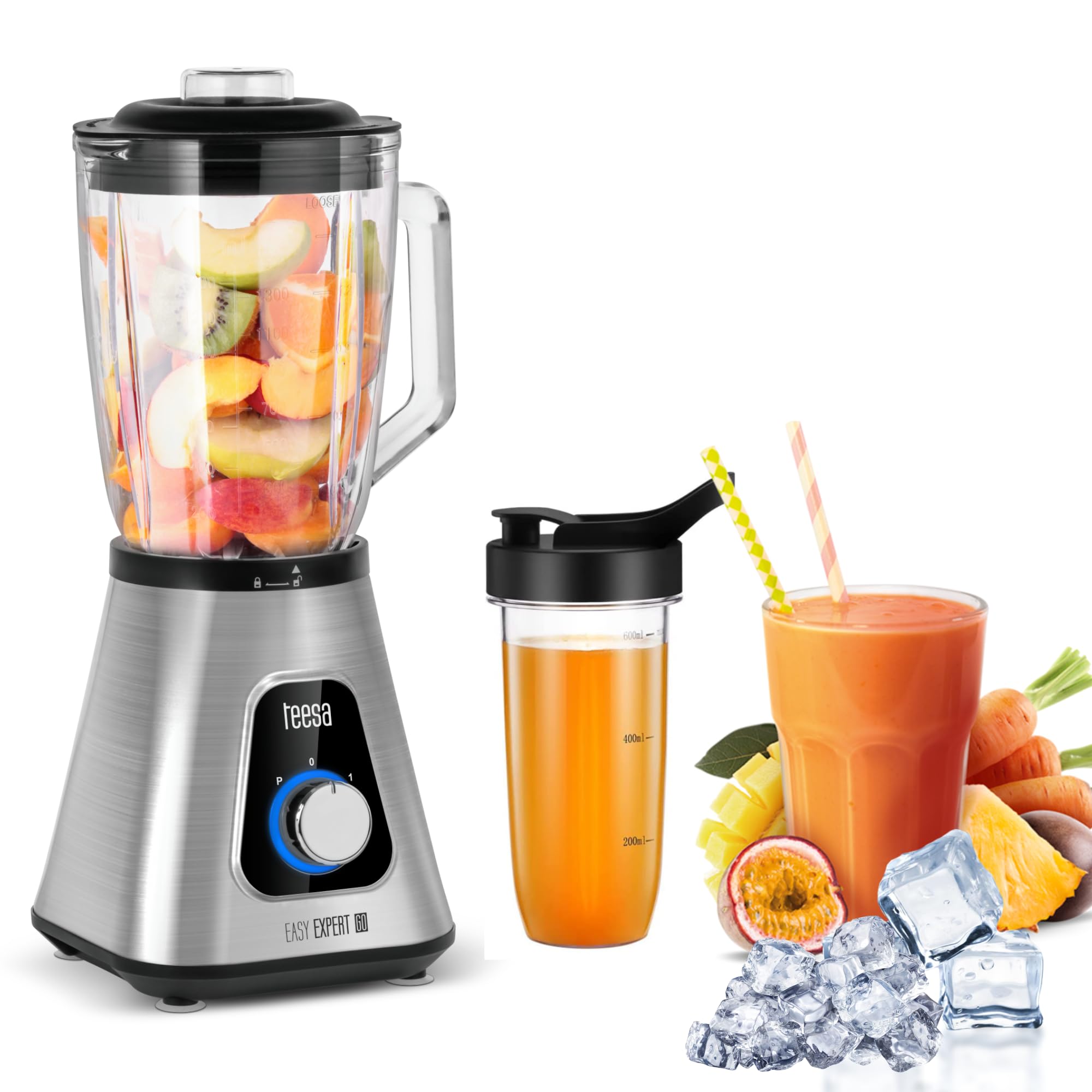 Frullatore Teesa TSA3549 Easy Expert GO ad alte prestazioni, 1300 W, 1,5 l + 600 ml, senza BPA,