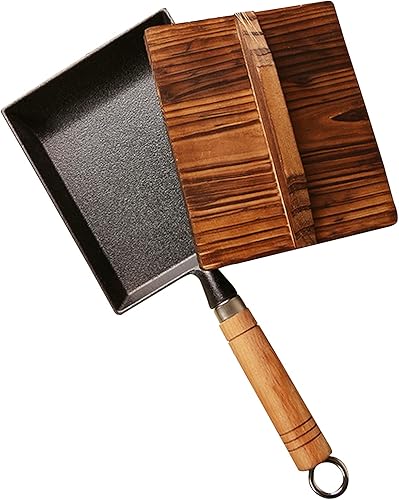 CHUNCIN - Tamagoyaki - Mini sartén, sartén japonesa rectangular de hierro fundido sin recubrimiento con tapa de madera que puede funcionar como