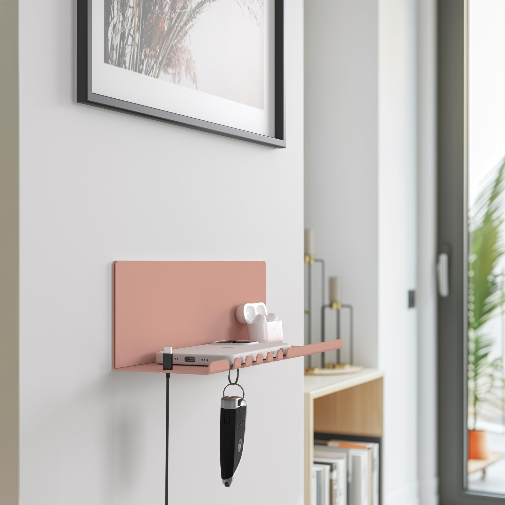byde Helke wandplank 44 x 6 x 6 cm organizer voor sleutels, brieven en kleine voorwerpen, 5 sleutelhaken, kabelhouder voor oplader, zwart