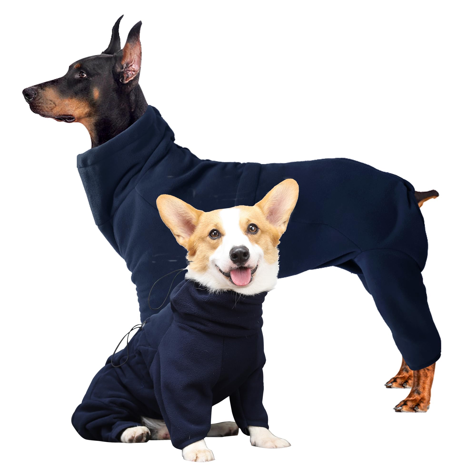 Leberna Cosy Fleece Coat For Dogs, Full Body Jacket With Four Leg, Adjustable Jumpsuit With Zipper Closure, Winter Clothes for Small Medium Large Breed (Navy Blue, XL)