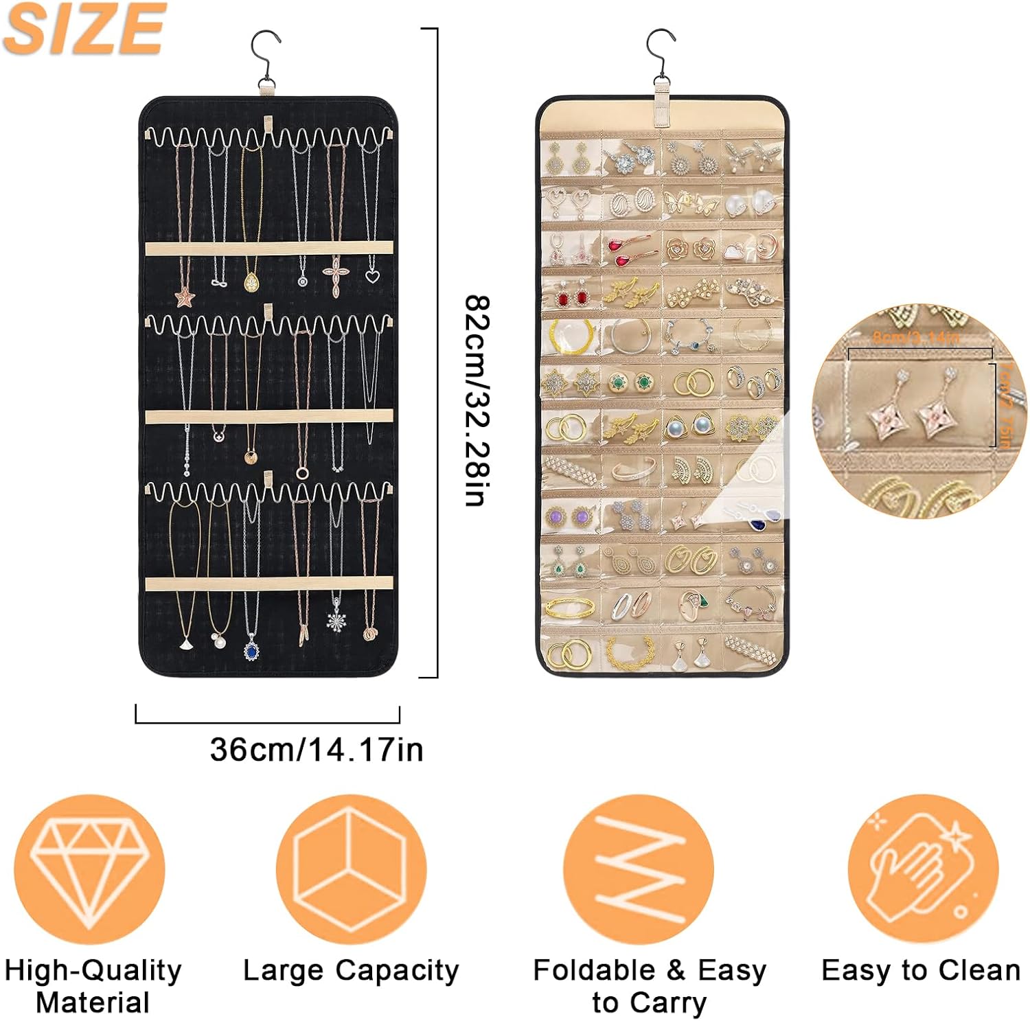 Tefola Hanging Jewelry Organizer, Double-Sided Necklace Organizer Jewelry Holder Organizer for Earrings, Necklaces Rings, Glasses, Sunglass Organizer for Closet, Wall, Door (Black, Large Size)
