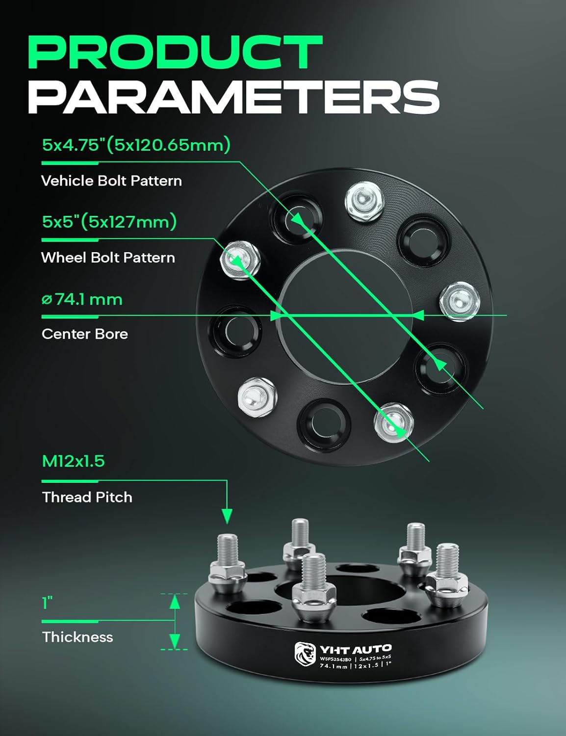 YHTAUTO 5x4.75 to 5x5 Wheel Adapters 1 Inch Compatible with Chevrolet Blazer, Cadillac, GMC, Pontiac, Tire Spacers w/ M12X1.5 & 12.9 Grade Studs, 74.1mm Center Bore 5 Lug 2PCS Black