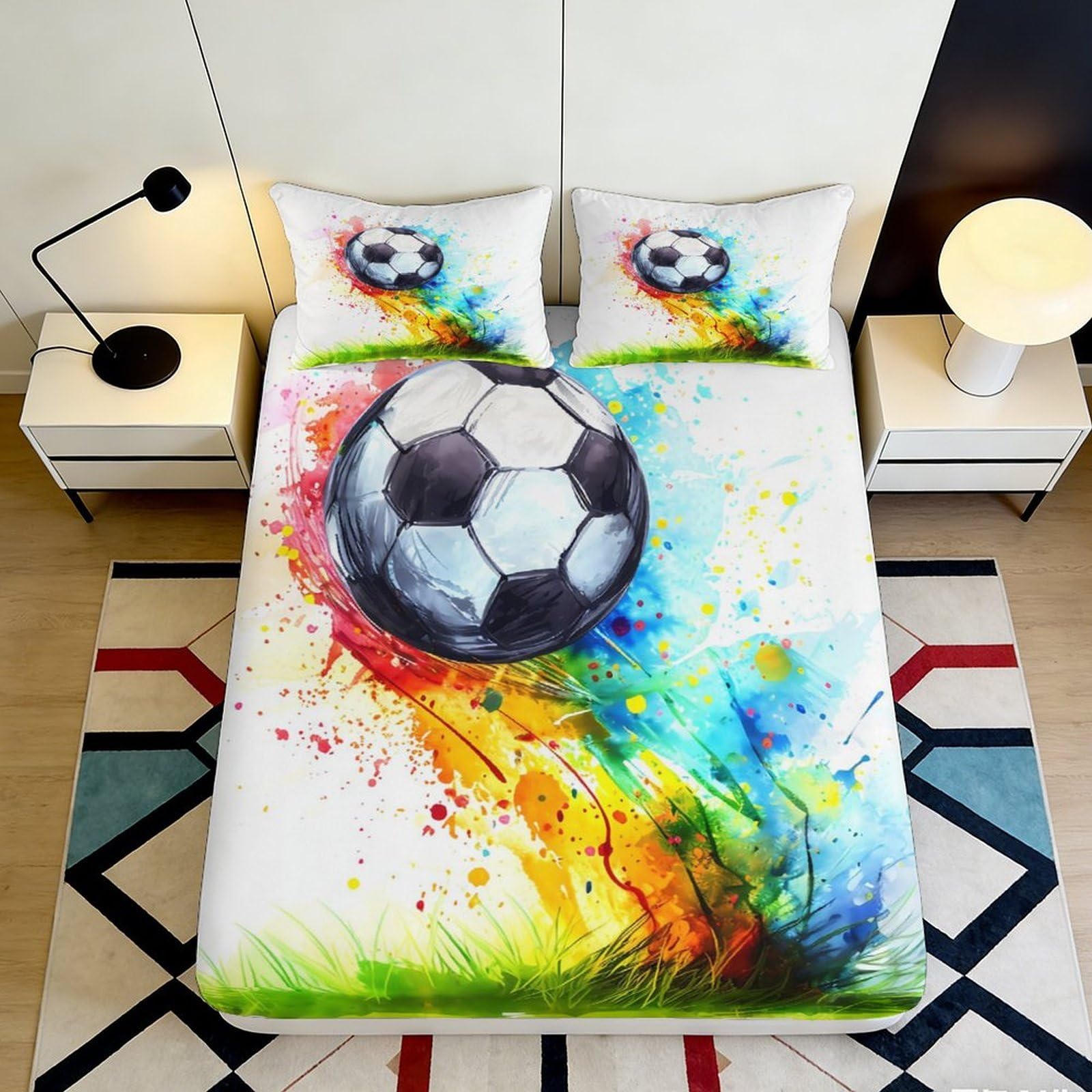 3D Printed Soccer Splash Fitted Sheet Microfiber Colourful Football Bed Cover Non-Slip, Machine Washable for Bedroom Guestroom 90x200x25cm