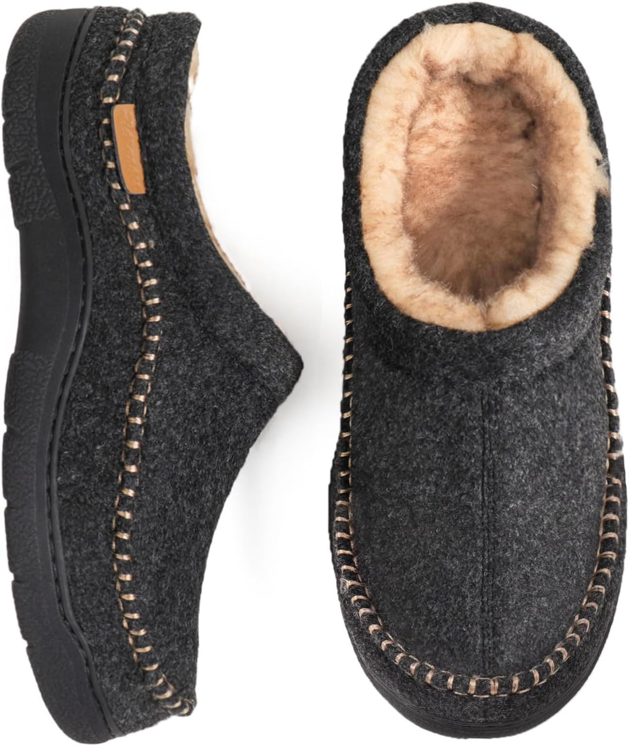 Men's Slip On Moccasin Slippers Outdoor, Wool Black, 10.5