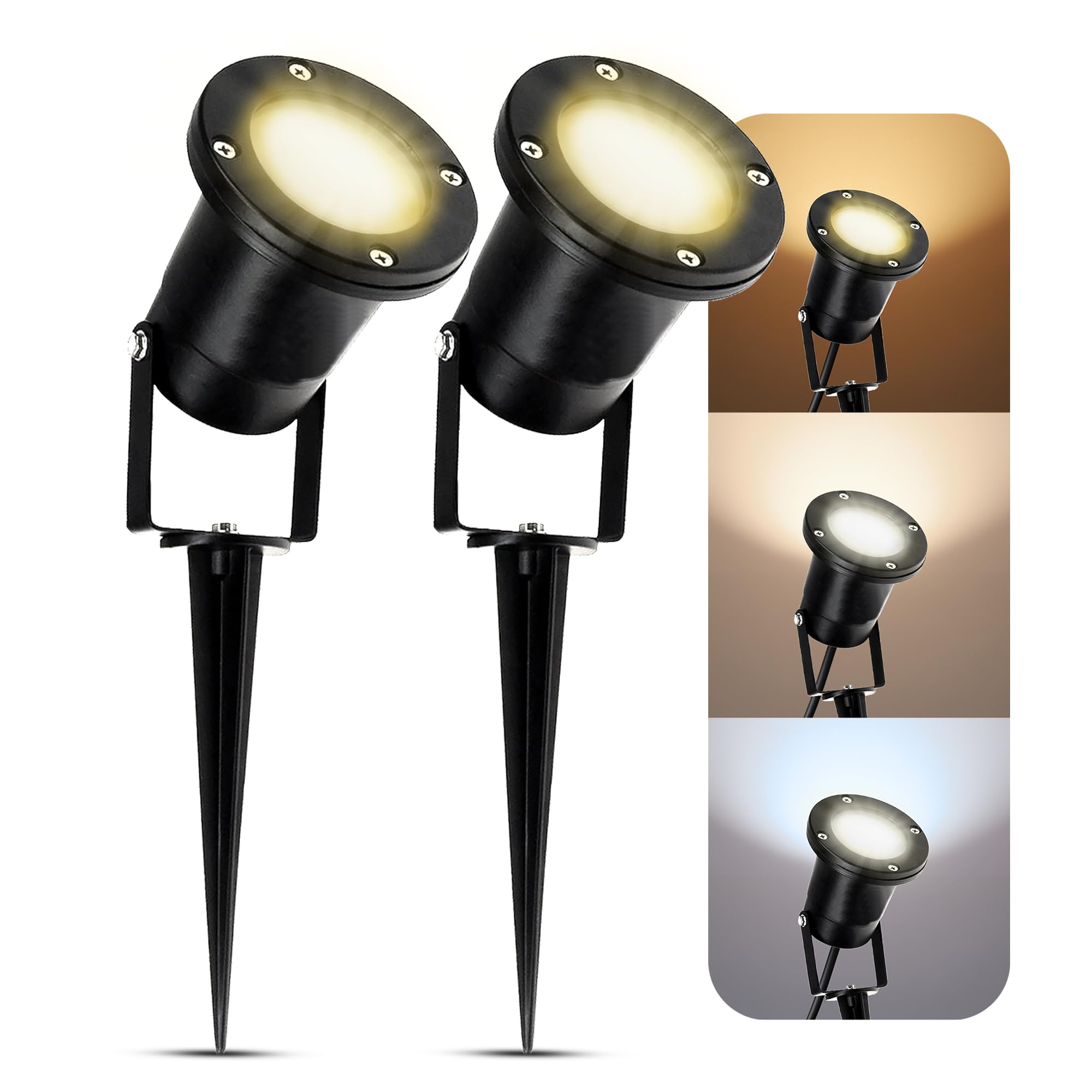 SSC-LUXon Gartenstrahler 2x Erdspieß GU10 3W 3 Lichtfarben schwarz IP65 | Schwenkbarer Gartenspot mit Erdspieß für Beet, Bäume & Fassade - wasserdichtes Gehäuse, Zuleitung 1,8m mit Stecker