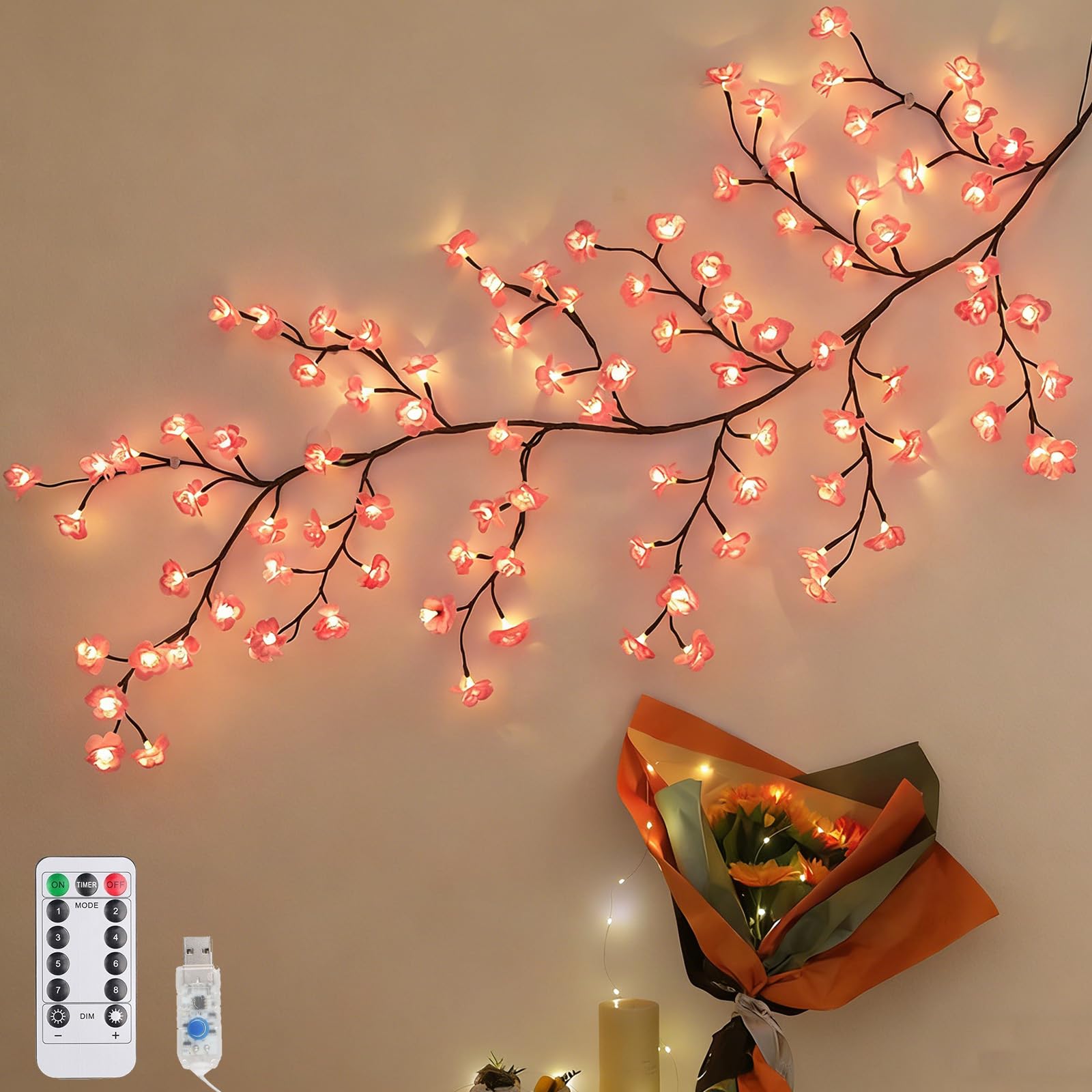 Luces de Ramas de Flores de Cerezo LED,96 LEDs Decoración de Pared de Flores de Cerezo 180CM,Cadena de luces con Flor de Cerezo,Luces LED de Ramas de árbol de Cerezo para Pared,para Dormitorio,Arte de