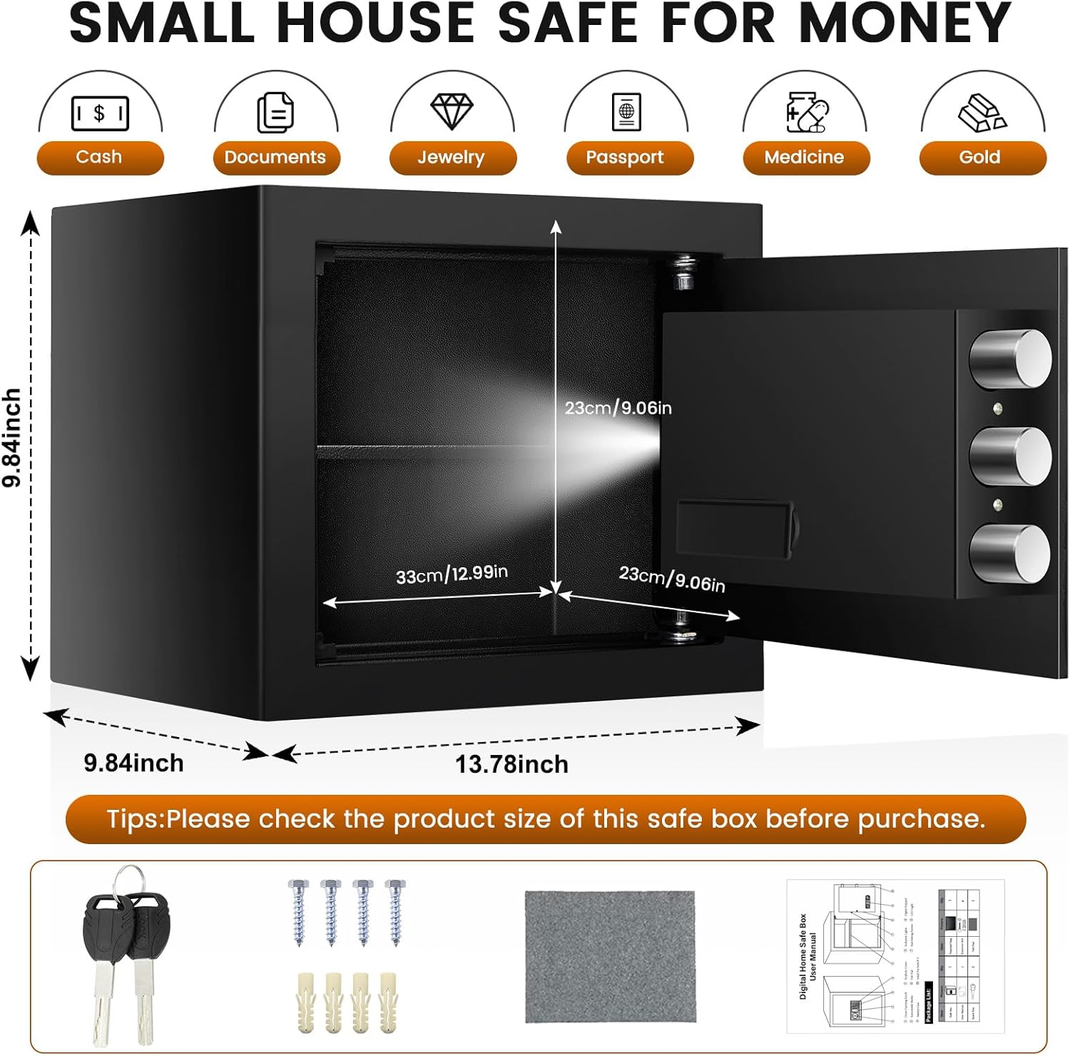 Home Safe Box, Safes with Fireproof Waterproof Bag, 9.84'' H Anti-Theft Digital Security Lock Box with Smart Alert System, Removable Shelf, Mute Function, Document Safes for Jewelry