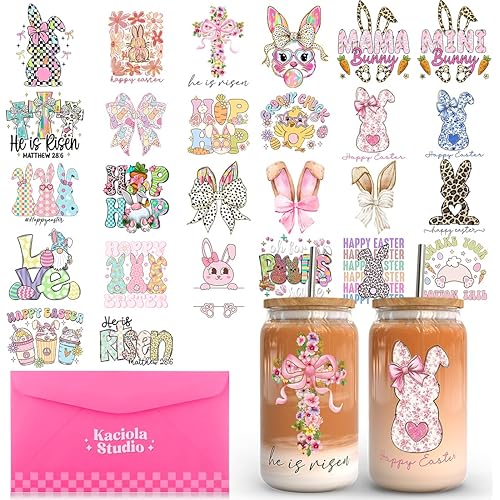 Kaciola Studio Easter UV DTF Cup Wrap -26 Sheets Easter Day Theme UV DTF Cup Wraps for 16 oz Glass Mugs Coffee, Decals Waterproof Rub on Transfer Stickers DIY Mug Glasses Crafting