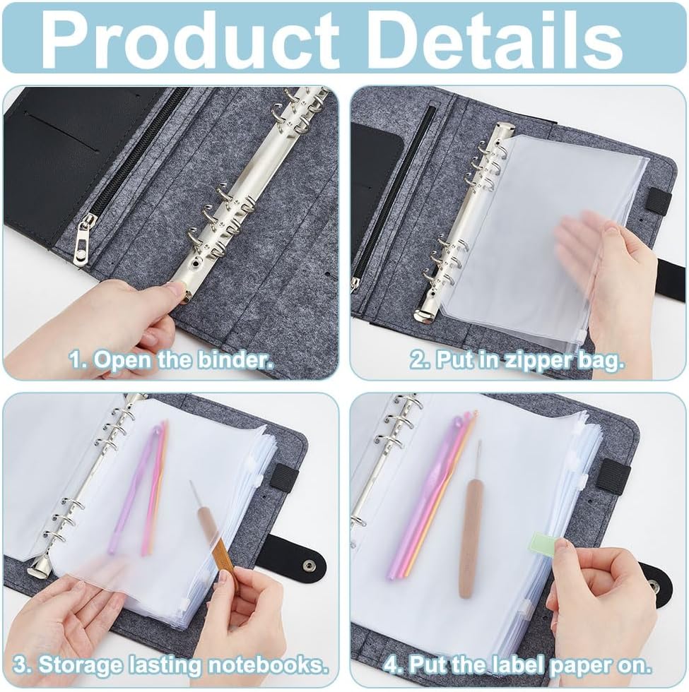 INFUNLY A Set of Felt Circular Knitting Needle Case Black 10×7" Knitting Needles Storage Organizer Knitting Needle Holder Crochet Hooks with 15pcs Binder Bags 10pcs Label Paper for Collecting Sorting