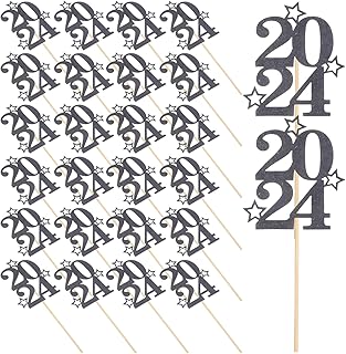 ABOOFAN 30pcs 2024 Cake Topper New Year Cupcake Toppers 2024 Glitter Paper Picks 2024 Graduation Cake Ornament for New Year Eve Party Graduation Party Decorations Black