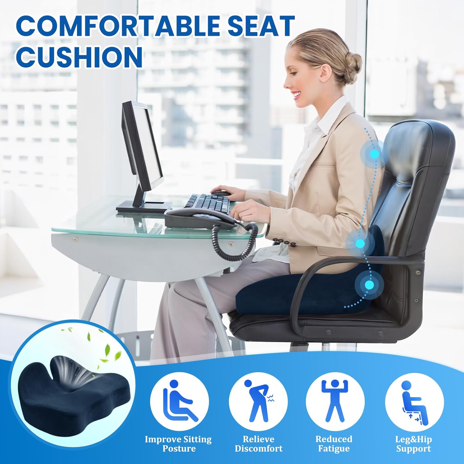 Seat Cushion, Memory Foam Office Chair Seat Cushion for Office Chairs/Car/Long Trip/Desk Chair/Gaming, X-Large Size for Sciatica & Hip & Tailbone Pain Relief, Sciatica Support (Blue) - Image 4