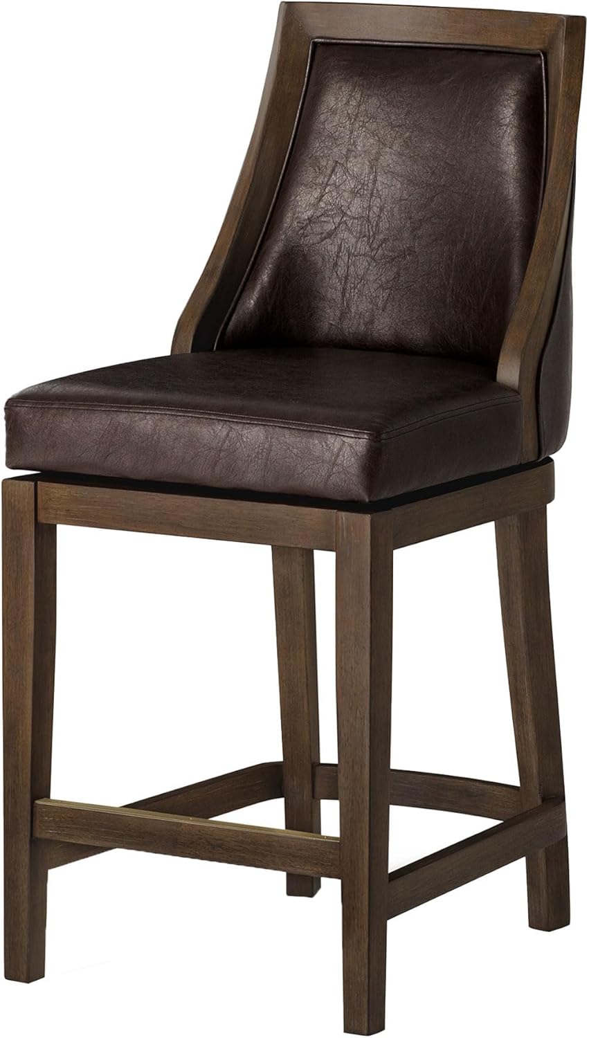 Maven Lane Vienna Counter Stool 26 Inches High – Swivel Stool with Footrest – Brown Solid Wood and Dark Brown Faux Leather Upholstery – Perfect for Kitchen Islands and Counters