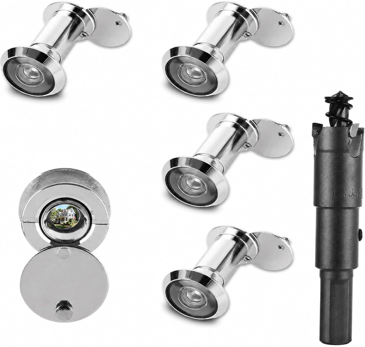 4 Pack Door Peepholes with 16mm Drill Bit, 200 Degree Door Viewer Kit with Privacy Cover, Adjustable 1.5-2.3 in Door Thickness, Zinc Alloy Peep Holes for Front Door, Apartment, Office, Hotel