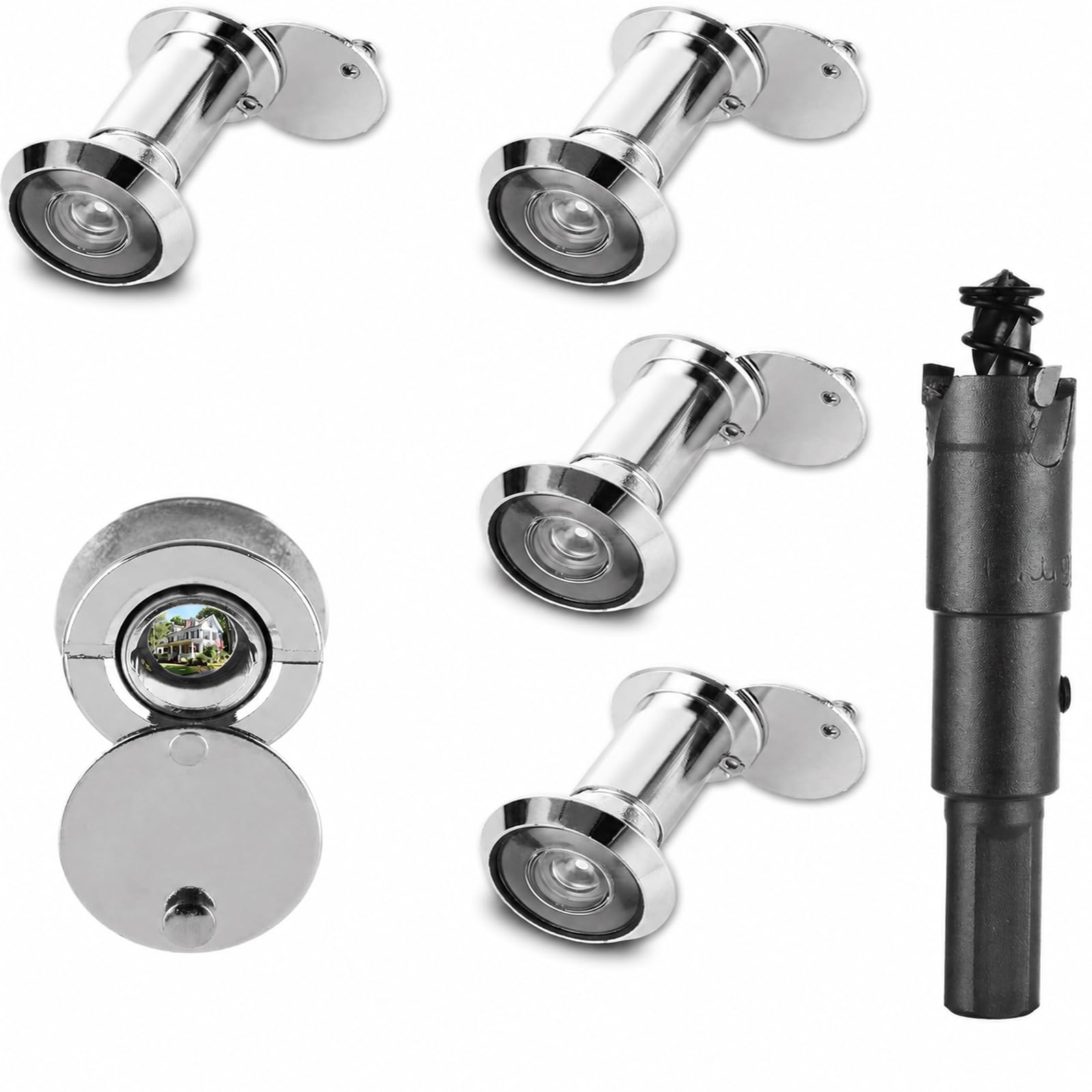 Mirillas de puerta de 200 grados en aleación de zinc, pack de 4 con broca de 16mm