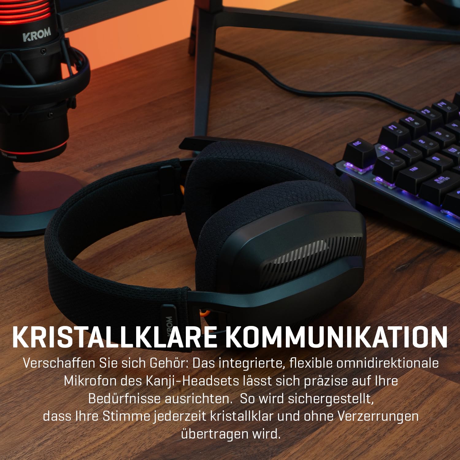 KROM KANJI – Kabelloses Gaming-Headset mit Bluetooth 5.3, 2,4 GHz & USB, 40-mm-Treibern, omnidirektionalem Mikrofon, Lautstärke- & Stummschaltung am Ohrhörer, verstellbarem, leichtem Kopfband, Schwarz