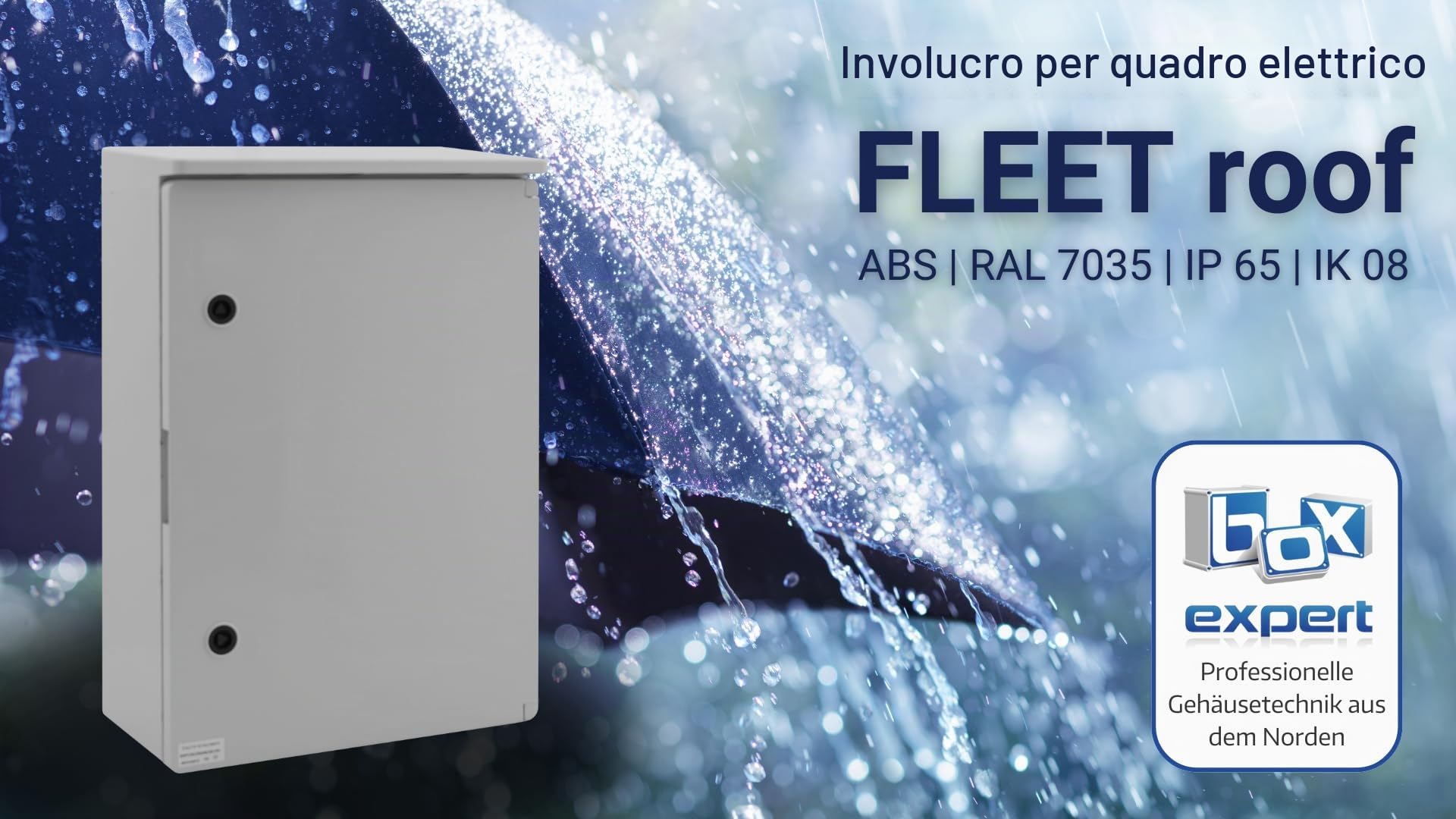Scatola di distribuzione BOXEXPERT IP65 con copertura antipioggia, ABS 600×400×200 mm (Fleet Roof). Armadio di controllo impermeabile e robusto, ideale come scatola elettrica o involucro industriale