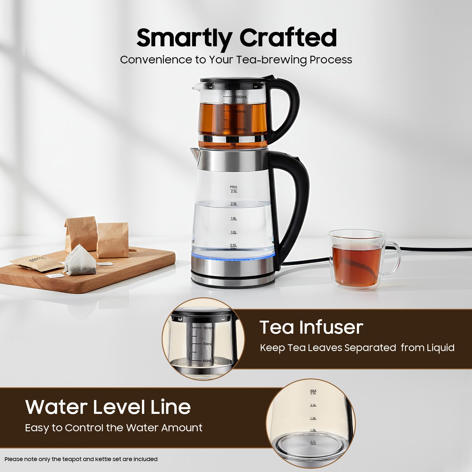 2.5L Teekocher Elektrisch, 1500w Türkischer Teekocher, Caydanlik Elektrisch，Großer Wasserkocher And Kleine Teekanne For Trockenmilch, Weißem Tee, Grünem Te