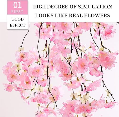Miniatura 2 de XOOFMASS Árbol de cerezo artificial hecho a mano, flores artificiales de vid con 12 flores de cerezo y 2 enredaderas de árboles, árbol de cerezo